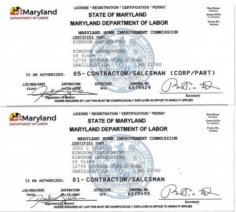 Kingdom Landscaping Maryland Home Improvement Commission MHIC License
