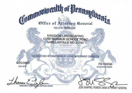 Kingdom Landscaping Pennsylvania Contractor License