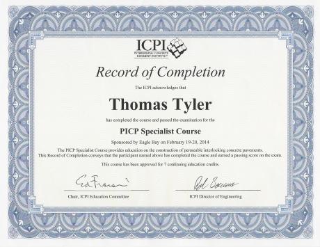 ICPI PICP Certificate of Completion for Tom Tyler