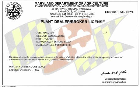 Kingdom Landscaping Plant Dealer License Maryland