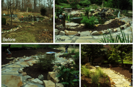 Aquascape Ecosystem Pond built by Certified Aquascape Contractor and Pond Builder Kingdom Landscaping with informal natural flagstone pathway surrounding perimeter of pond located in Keedysville Maryland Washington County