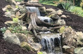 Waterfalls designed and built by Certified Aquascape Contractor and pondless waterfall builder Kingdom Landscaping in Fairfield Pennsylvania featuring natural tree stump and moss covered boulders