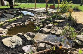Aquascape Ecosystem Pond built by Certified Aquascape Contractor and Pond Builder Kingdom Landscaping in Sabillasville Maryland featuring a wetland filtration system soaking pond stream koi pond and skimmer system with flagstone patio and pergola