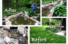 Aquascape Ecosystem Pond built by Certified Aquascape Contractor and Pond Builder Kingdom Landscaping with Before and After pictures of project located in Sharpsburg Maryland Washington County Tom Tyler